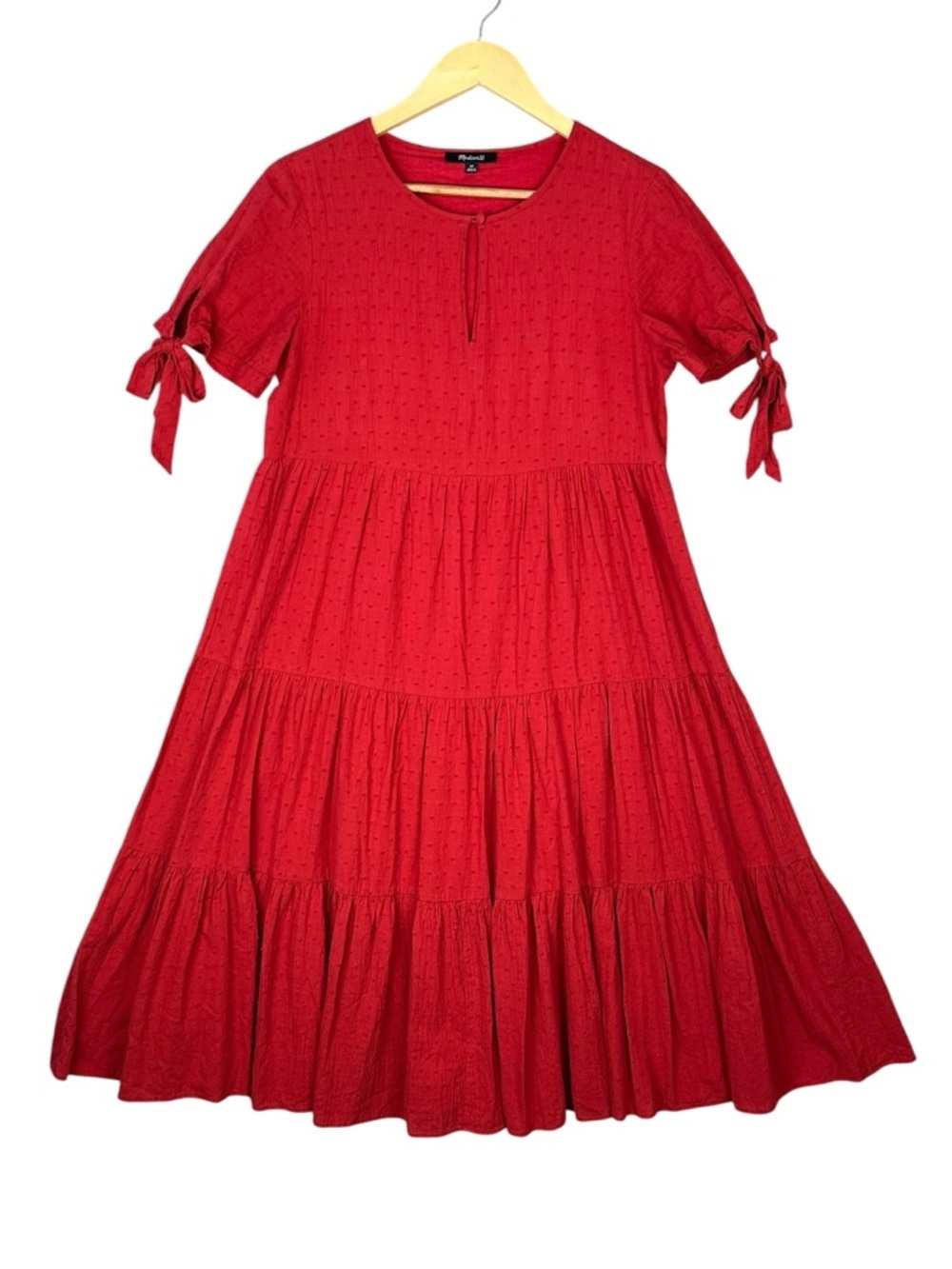 Madewell Women’s Sz M Dress Red Tie Sleeve Tiered Midi  in Swiss Dot